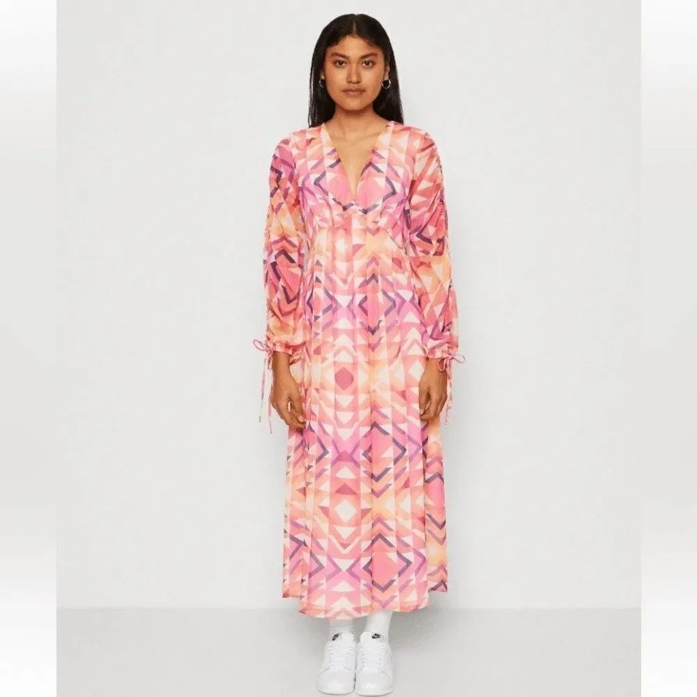 Never Fully Dressed Geometric MIDI Pink and Orange DRESS